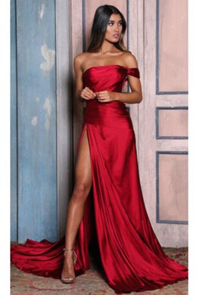 JEANIE off shoulder split satin dress